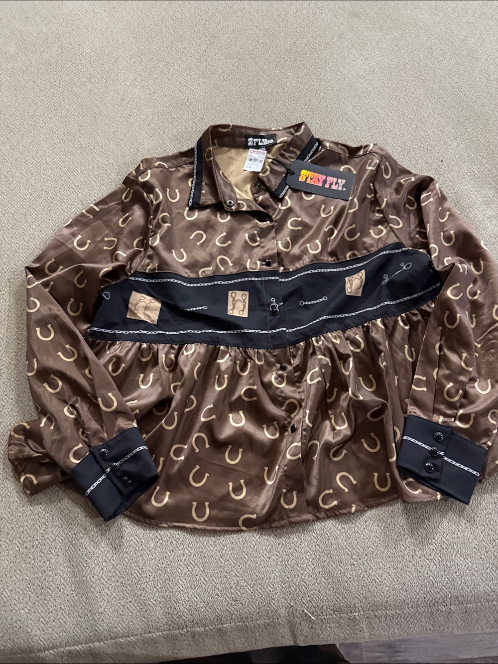 Stay Fly Brown Satin Horseshoe Blouse with Contrast Trim